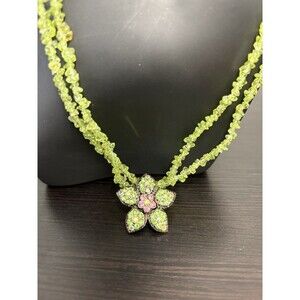 Vintage Green Crystal Rhinestone Flower Pendant Necklace Green Stone 2 Strands
